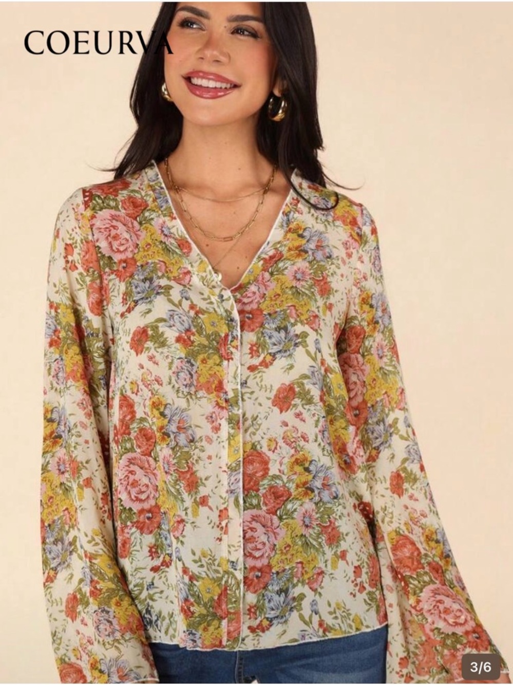Cream Floral V-Neck Button-Front Blouse